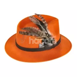 Dámsky po¾ovnícky klobúk TETRAO – oranžový s koženým remienkom a pierkami