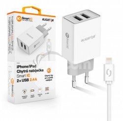 ALIGATOR Mdra sieov nabjaka 2,4A, 2xUSB, smart IC, biela, USB kbel pre iPhone / iPad CHA0036