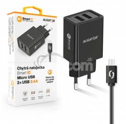ALIGATOR Múdra sieťová nabíjačka 2,4A, 2xUSB, smart IC, čierna, micro USB kábel CHA0031