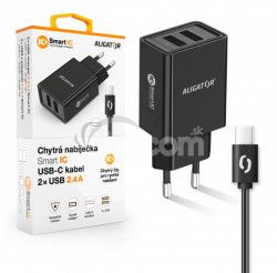 ALIGATOR Múdra sieťová nabíjačka 2,4A, 2xUSB, smart IC, čierna, USB-C kábel CHA0033