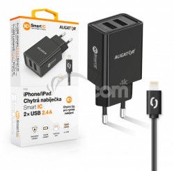 ALIGATOR Mdra sieov nabjaka 2,4A, 2xUSB, smart IC, ierna, USB kbel pre iPhone / iPad CHA0035