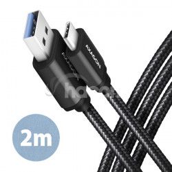 AXAGON BUCM3-AM20AB, SPEED kabel USB-C <-> USB-A, 2m, USB 3.2 Gen 1, 3A, ALU, oplet, ern BUCM3-AM20AB