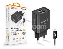 Mdra sieov nabjaka ALIGATOR 2,4A, 2xUSB, smart IC, ierna, USB kbel pre iPhone / iPad CHA0044