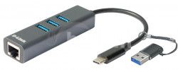 D-Link USB-C/USB na Gigabit Ethernet adaptr s 3 USB 3.0 Ports DUB-2332