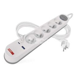 Predl�ovac� k�bel 3 m / 5 z�suvky / s vyp�na�om / bielo-siv� / 1�USB-A + 1�USB-C / 1,5 mm2 P1513FC