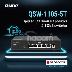 QNAP switch QSW-1105-5T (5x 2,5GbE port, pasiv. chladenie, 100M/1G/2,5G, Broadcom Chipset) QSW-1105-5T