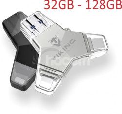 VIKING USB FLASH DISK 3.0 4v1 128GB, s koncovkou APPLE LIGHTNING, USB-C, MICRO USB, USB3.0, ierna VUFII128B